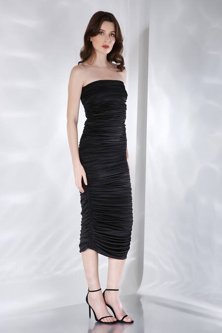 Buy_Ozeqo_Black Lycra Open Neck Alaya Ruched Bodycon Dress _Online_at_Aza_Fashions