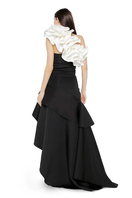 Shop Ozeqo Black Neoprene Ruffles Square Neck Alexis Asymmetric Gown With at Aza Fashions Shop_Ozeqo_Black Neoprene Ruffles Square Neck Alexis Asymmetric Gown With _at_Aza_Fashions