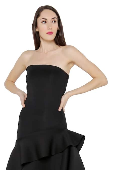 Ozeqo Black Neoprene Ruffles Square Neck Alexis Asymmetric Gown With Online at Aza Fashions Ozeqo_Black Neoprene Ruffles Square Neck Alexis Asymmetric Gown With _Online_at_Aza_Fashions