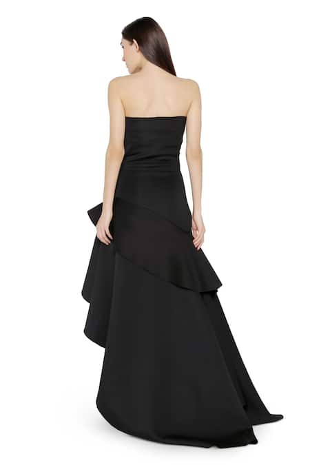 Buy Ozeqo Black Neoprene Ruffles Square Neck Alexis Asymmetric Gown With Online at Aza Fashions Buy_Ozeqo_Black Neoprene Ruffles Square Neck Alexis Asymmetric Gown With _Online_at_Aza_Fashions