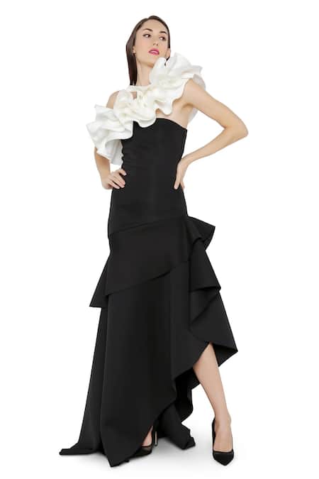 Shop Ozeqo Black Neoprene Ruffles Square Neck Alexis Asymmetric Gown With Online at Aza Fashions Shop_Ozeqo_Black Neoprene Ruffles Square Neck Alexis Asymmetric Gown With _Online_at_Aza_Fashions