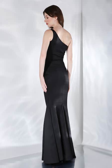 Shop_Ozeqo_Black Neoprene Asymmetric Alizeh One Shoulder Gown _at_Aza_Fashions