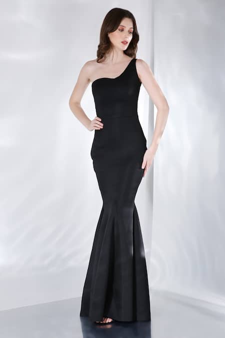 Ozeqo_Black Neoprene Cut Work Alizeh One Shoulder Gown With Embroidered Drape _Online_at_Aza_Fashions