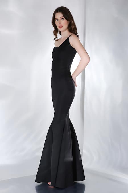 Buy_Ozeqo_Black Neoprene Cut Work Alizeh One Shoulder Gown With Embroidered Drape _Online_at_Aza_Fashions