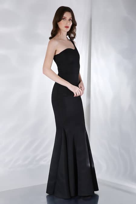Shop_Ozeqo_Black Neoprene Cut Work Alizeh One Shoulder Gown With Embroidered Drape _Online_at_Aza_Fashions