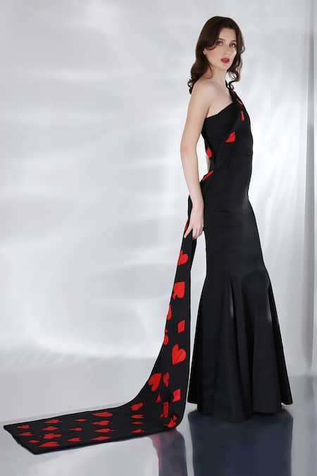 Shop_Ozeqo_Black Neoprene Cut Work Alizeh One Shoulder Gown With Embroidered Drape 
