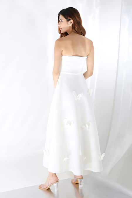 Shop Ozeqo Off White Neoprene Boat Amyra Butterfly Applique Embroidered Dress With Wrap at Aza Fashions Shop_Ozeqo_Off White Neoprene Boat Amyra Butterfly Applique Embroidered Dress With Wrap _at_Aza_Fashions