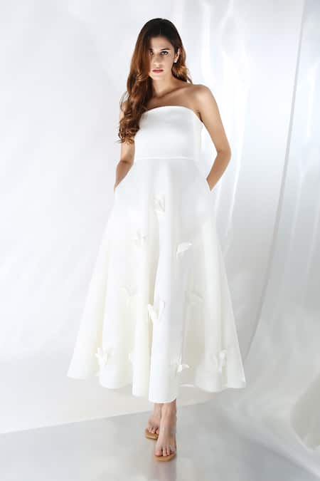 Buy Ozeqo Off White Neoprene Boat Amyra Butterfly Applique Embroidered Dress With Wrap Online at Aza Fashions Buy_Ozeqo_Off White Neoprene Boat Amyra Butterfly Applique Embroidered Dress With Wrap _Online_at_Aza_Fashions