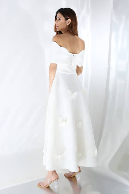 Shop Ozeqo Off White Neoprene Boat Amyra Butterfly Applique Embroidered Dress With Wrap Online at Aza Fashions Shop_Ozeqo_Off White Neoprene Boat Amyra Butterfly Applique Embroidered Dress With Wrap _Online_at_Aza_Fashions
