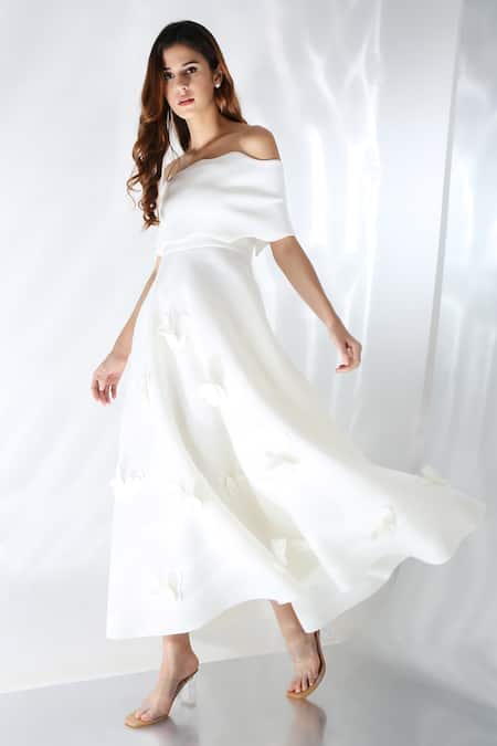 Ozeqo Off White Neoprene Boat Amyra Butterfly Applique Embroidered Dress With Wrap at Aza Fashions Ozeqo_Off White Neoprene Boat Amyra Butterfly Applique Embroidered Dress With Wrap _at_Aza_Fashions