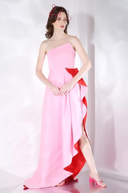 Ozeqo Pink Neoprene Plain Asymmetric Azalea Strapless Gown With Bow  