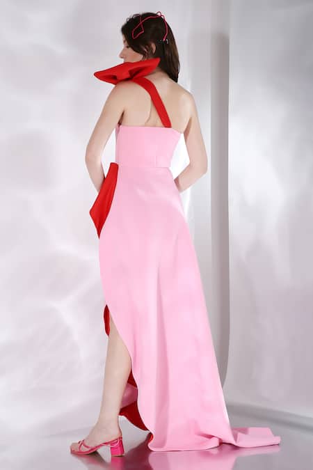 Shop_Ozeqo_Pink Neoprene Bows, Ruffles Asymmetric Azalea Strapless Gown With _at_Aza_Fashions
