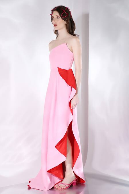 Ozeqo_Pink Neoprene Bows, Ruffles Asymmetric Azalea Strapless Gown With _Online_at_Aza_Fashions