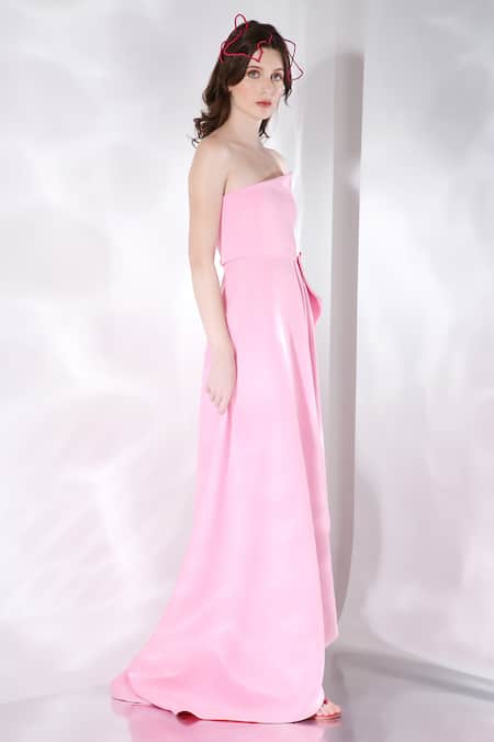 Buy_Ozeqo_Pink Neoprene Bows, Ruffles Asymmetric Azalea Strapless Gown With _Online_at_Aza_Fashions