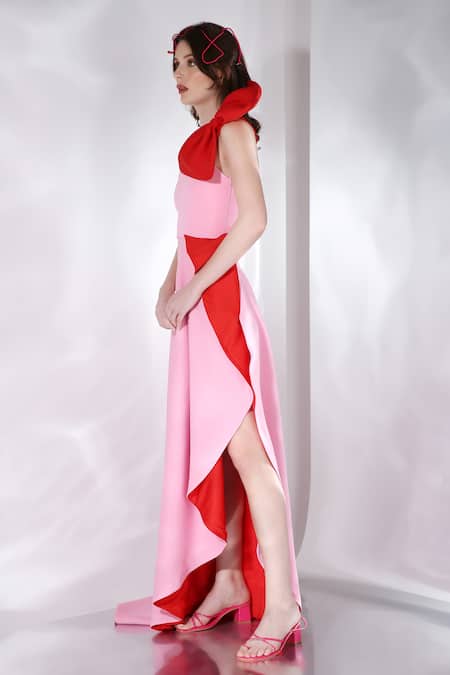 Buy_Ozeqo_Pink Neoprene Bows, Ruffles Asymmetric Azalea Strapless Gown With 
