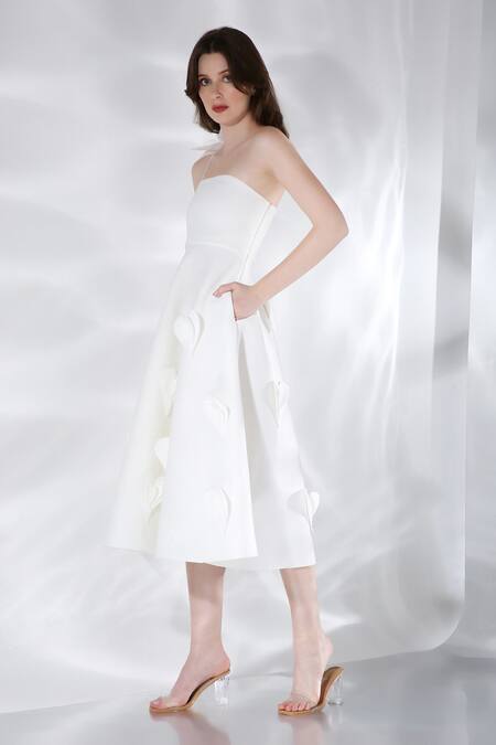 Ozeqo Off White Neoprene Embroidery Square Neck Cassandra 3d Heart Dress Online at Aza Fashions Ozeqo_Off White Neoprene Embroidery Square Neck Cassandra 3d Heart Dress _Online_at_Aza_Fashions