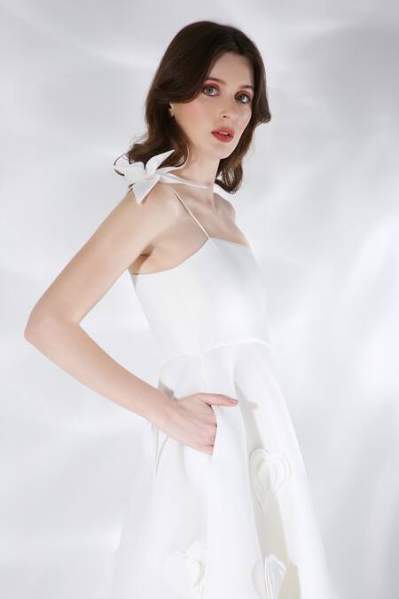 Buy Ozeqo Off White Neoprene Embroidery Square Neck Cassandra 3d Heart Dress Online at Aza Fashions Buy_Ozeqo_Off White Neoprene Embroidery Square Neck Cassandra 3d Heart Dress _Online_at_Aza_Fashions