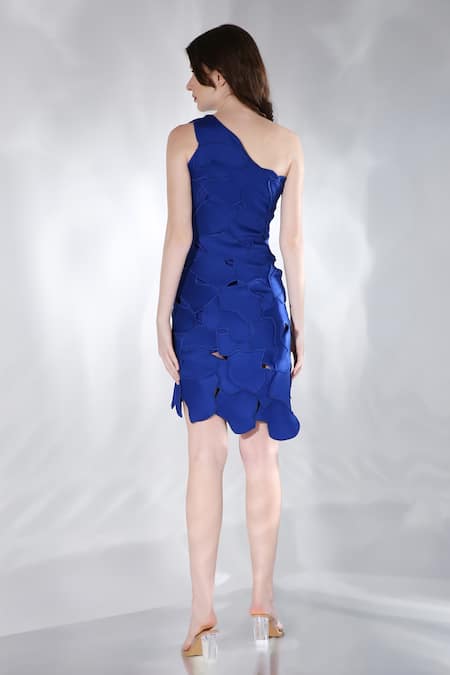 Shop Ozeqo Blue Neoprene Cut Work Asymmetric Celine Abstract Embroidered Dress at Aza Fashions Shop_Ozeqo_Blue Neoprene Cut Work Asymmetric Celine Abstract Embroidered Dress _at_Aza_Fashions