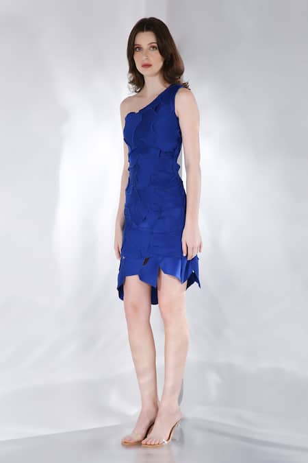 Buy_Ozeqo_Blue Neoprene Applique, Embroidery Asymmetric Celine Abstract Dress With Trail _Online_at_Aza_Fashions