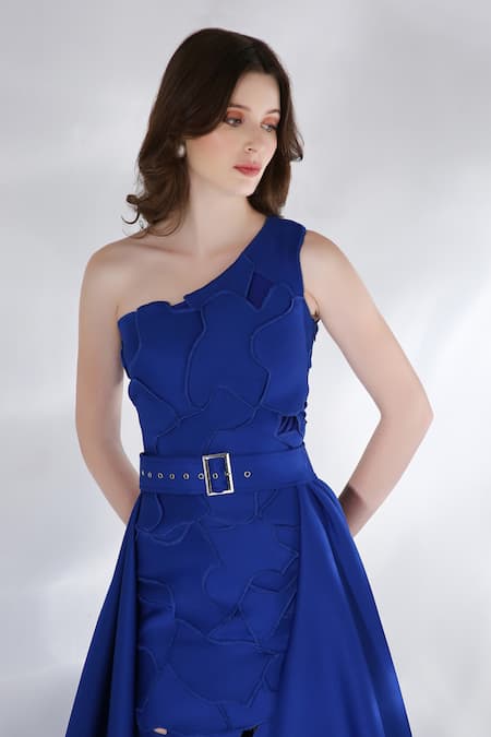 Buy_Ozeqo_Blue Neoprene Applique, Embroidery Asymmetric Celine Abstract Dress With Trail 