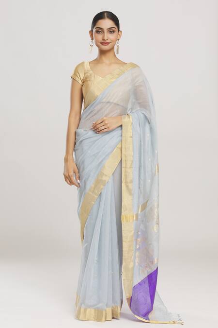 Supra collections - Kerala Saree with heavy beads worked unstitched blouse  material Work on back neck and blouse sleeves(work as in picture) Golden  Kerala set saree Blouse semi silk fabric 1metre Price :