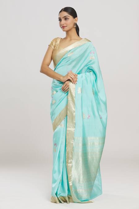 Mint N Oranges_Blue Silk Florin Handwoven Pure Banarasi Saree With Running Blouse Piece_Online_at_Aza_Fashions