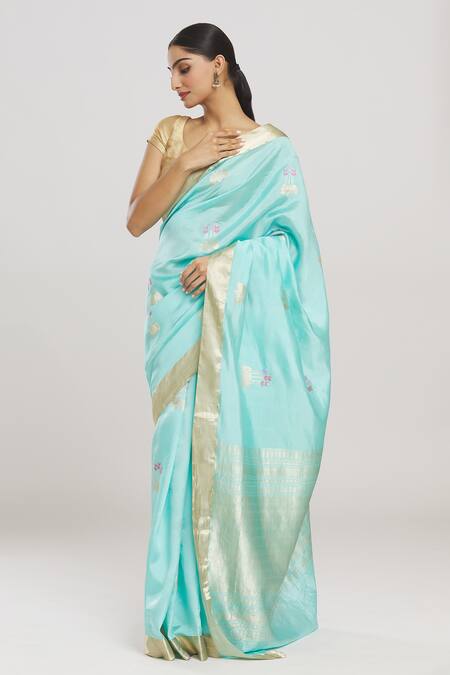 Buy_Mint N Oranges_Blue Silk Florin Handwoven Pure Banarasi Saree With Running Blouse Piece_Online_at_Aza_Fashions
