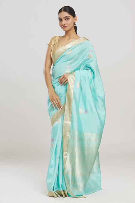 Shop_Mint N Oranges_Blue Silk Florin Handwoven Pure Banarasi Saree With Running Blouse Piece_Online_at_Aza_Fashions