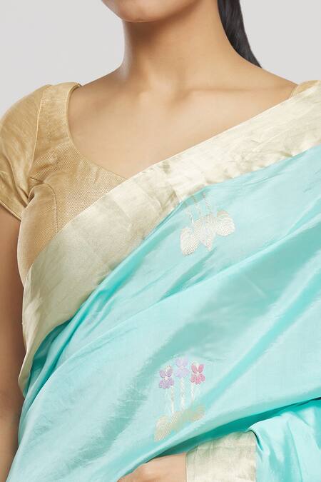 Mint N Oranges_Blue Silk Florin Handwoven Pure Banarasi Saree With Running Blouse Piece_at_Aza_Fashions