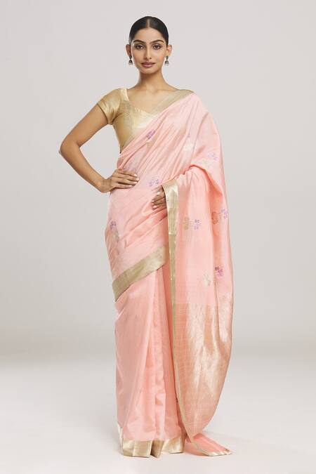 Mint N Oranges_Peach Silk Blossom Handwoven Pure Banarasi Saree With Running Blouse Piece_Online_at_Aza_Fashions