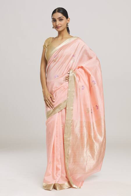 Buy_Mint N Oranges_Peach Silk Blossom Handwoven Pure Banarasi Saree With Running Blouse Piece_Online_at_Aza_Fashions