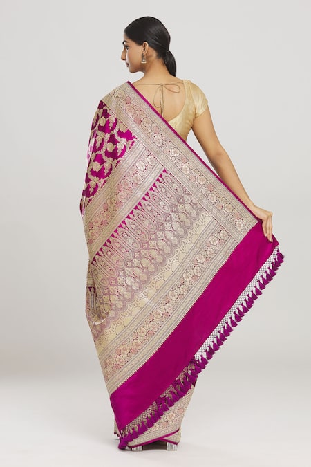 Mint N Oranges Ambrosia Zari Jaal Handwoven Pure Banarasi Silk Saree With Unstitched Blouse Fabric 