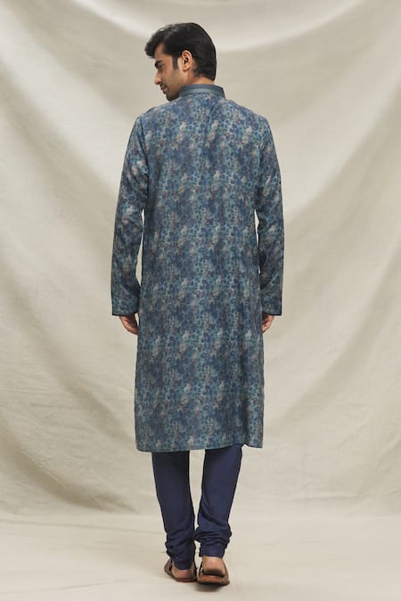 Shop Arihant Rai Sinha Blue Modal, Cotton Leaf Vine Print Kurta With Pyjama at Aza Fashions Shop_Arihant Rai Sinha_Blue Modal, Cotton Leaf Vine Print Kurta With Pyjama _at_Aza_Fashions