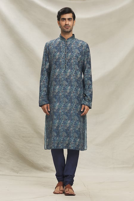 Arihant Rai Sinha Blue Modal, Cotton Leaf Vine Print Kurta With Pyjama Online at Aza Fashions Arihant Rai Sinha_Blue Modal, Cotton Leaf Vine Print Kurta With Pyjama _Online_at_Aza_Fashions