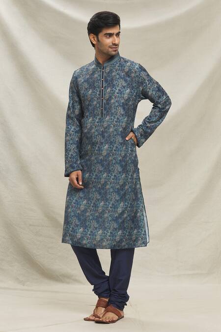 Buy Arihant Rai Sinha Blue Modal, Cotton Leaf Vine Print Kurta With Pyjama Online at Aza Fashions Buy_Arihant Rai Sinha_Blue Modal, Cotton Leaf Vine Print Kurta With Pyjama _Online_at_Aza_Fashions