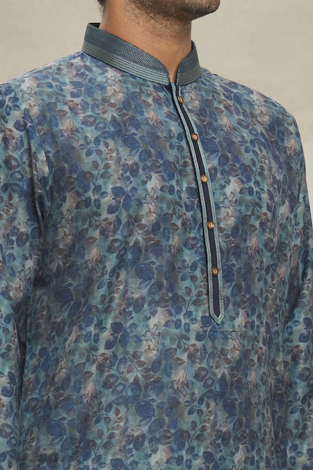 Shop Arihant Rai Sinha Blue Modal, Cotton Leaf Vine Print Kurta With Pyjama Online at Aza Fashions Shop_Arihant Rai Sinha_Blue Modal, Cotton Leaf Vine Print Kurta With Pyjama _Online_at_Aza_Fashions