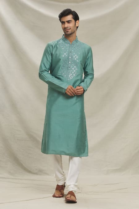 Arihant Rai Sinha Green Staple Blend Embroidered Yoke Mirror Work Kurta With Pyjama 