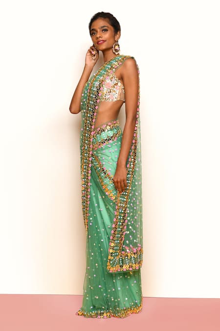 Papa Don't Preach_Green Georgette, Tulle, Vivien Applique Work Pre-stitched Saree With Blouse _Online_at_Aza_Fashions