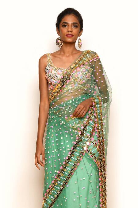 Buy_Papa Don't Preach_Green Georgette, Tulle, Vivien Applique Work Pre-stitched Saree With Blouse _Online_at_Aza_Fashions