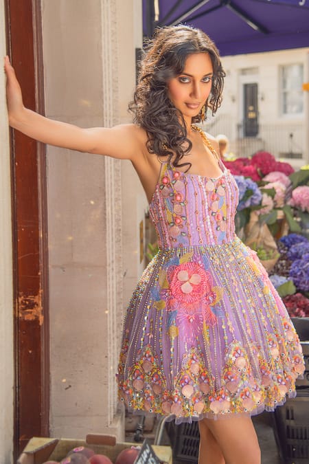 Papa Don't Preach_Purple Tulle Sequins, Crystals, Cut Work Square Glass Bead Embroidered Dress _Online_at_Aza_Fashions