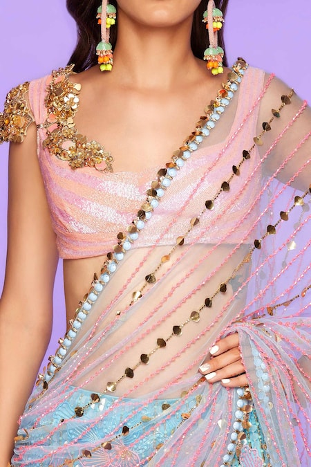 Papa Don't Preach Blue Tulle Crystals, Icy You See Me Embellished Pre-stitched Saree With Bralette Online at Aza Fashions Papa Don't Preach_Blue Tulle Crystals, Icy You See Me Embellished Pre-stitched Saree With Bralette _Online_at_Aza_Fashions