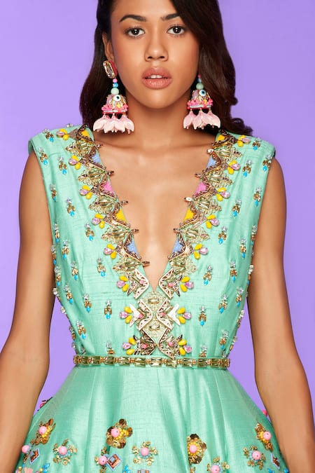 Shop Papa Don't Preach Green Silk Beads, Embroidery Plunge Neck Candy Fluff 3d Flower Dress at Aza Fashions Shop_Papa Don't Preach_Green Silk Beads, Embroidery Plunge Neck Candy Fluff 3d Flower Dress _at_Aza_Fashions