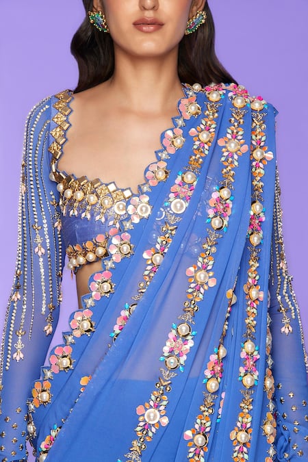 Papa Don't Preach_Blue Georgette, Tulle Pearls, Chrissy Stripe Embellished Saree With Blouse _Online_at_Aza_Fashions