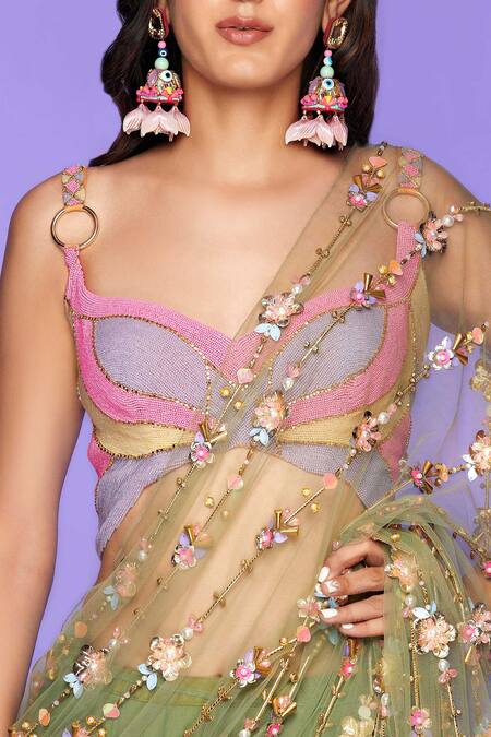 Papa Dont Preach Green Tulle Pearls, Fiery Mermaid Embellished Pre-stitched Saree With Bralette Online at Aza Fashions Papa Dont Preach_Green Tulle Pearls, Fiery Mermaid Embellished Pre-stitched Saree With Bralette_Online_at_Aza_Fashions