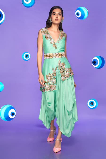 Buy Blue Crepe V Neck Printed Dhoti Style Jumpsuit For Women by Julie by  Julie Shah Online at Aza Fashions.