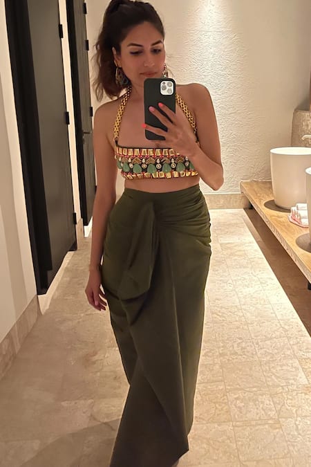 Shop_Papa Don't Preach_Green Polyester, Taffeta Pearls, Could Bralette And Skirt Set _at_Aza_Fashions