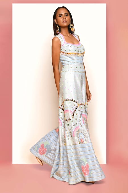 Papa Dont Preach_Blue Silk Beads, Sequins Scoop Neck From The Heart Embroidered Flared Jumpsuit_Online_at_Aza_Fashions