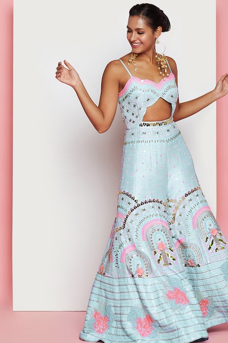 Papa Dont Preach_Blue Silk Embroidery, Sequins Sweetheart Neck Love Heroin Flared Jumpsuit_Online_at_Aza_Fashions