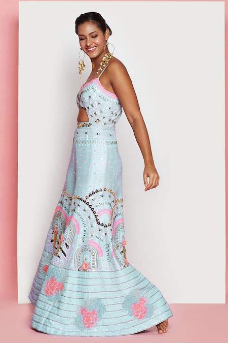 Buy_Papa Dont Preach_Blue Silk Embroidery, Sequins Sweetheart Neck Love Heroin Flared Jumpsuit_Online_at_Aza_Fashions