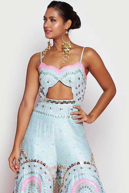 Shop_Papa Dont Preach_Blue Silk Embroidery, Sequins Sweetheart Neck Love Heroin Flared Jumpsuit_Online_at_Aza_Fashions